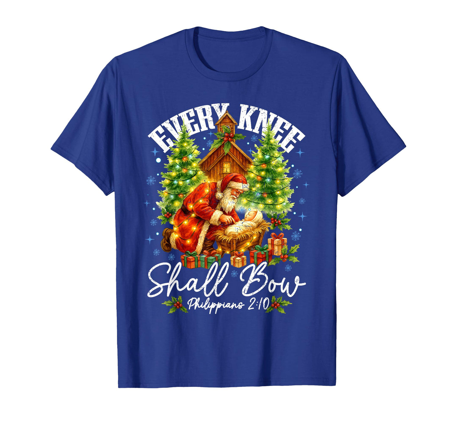 Every Knee Shall Bow Santa Christmas Nativity Scene Xmas T-Shirt