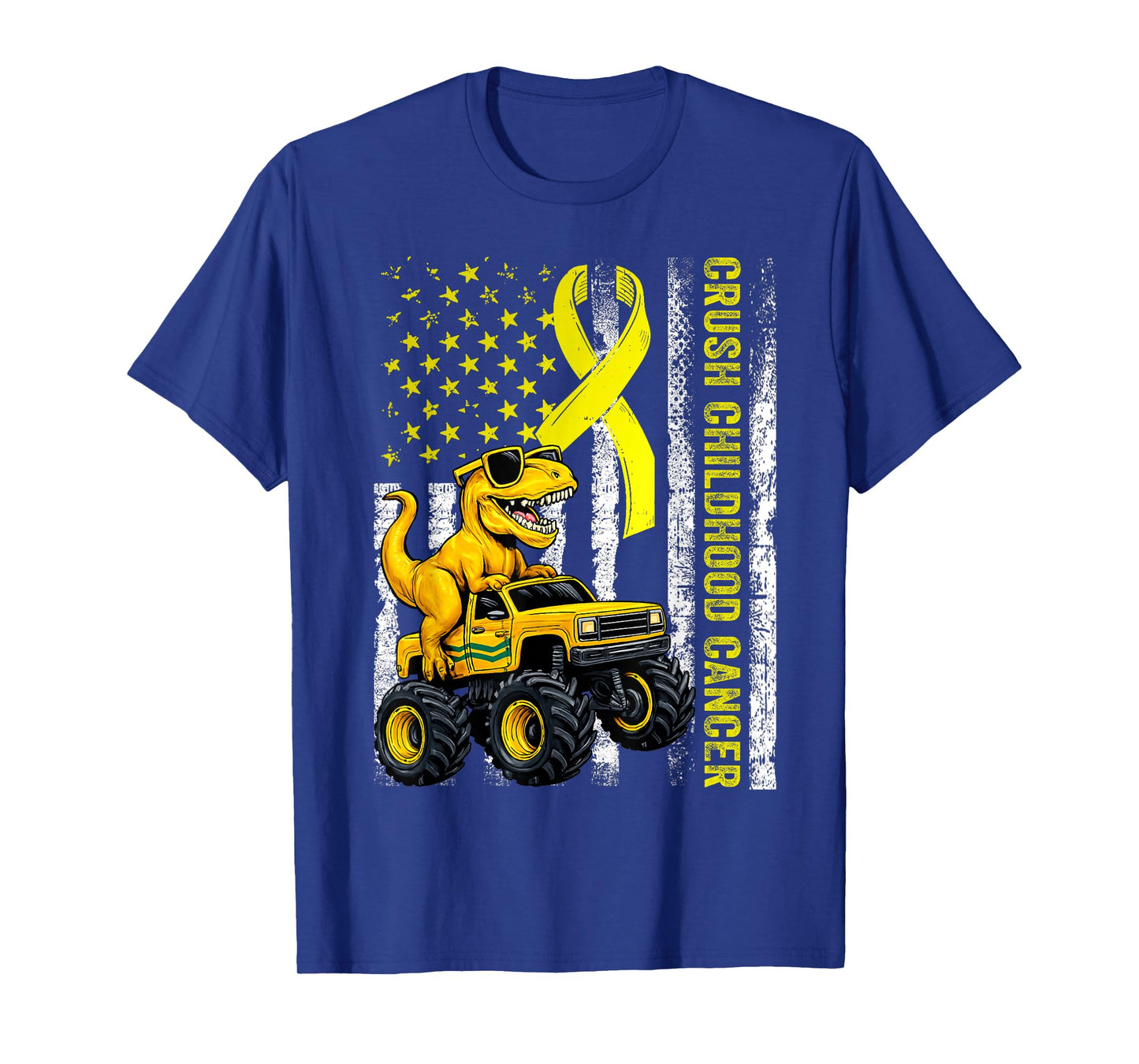 Crush Childhood Cancer 2025 Retro Truck Dinosaur Flag Ribbon T-Shirt