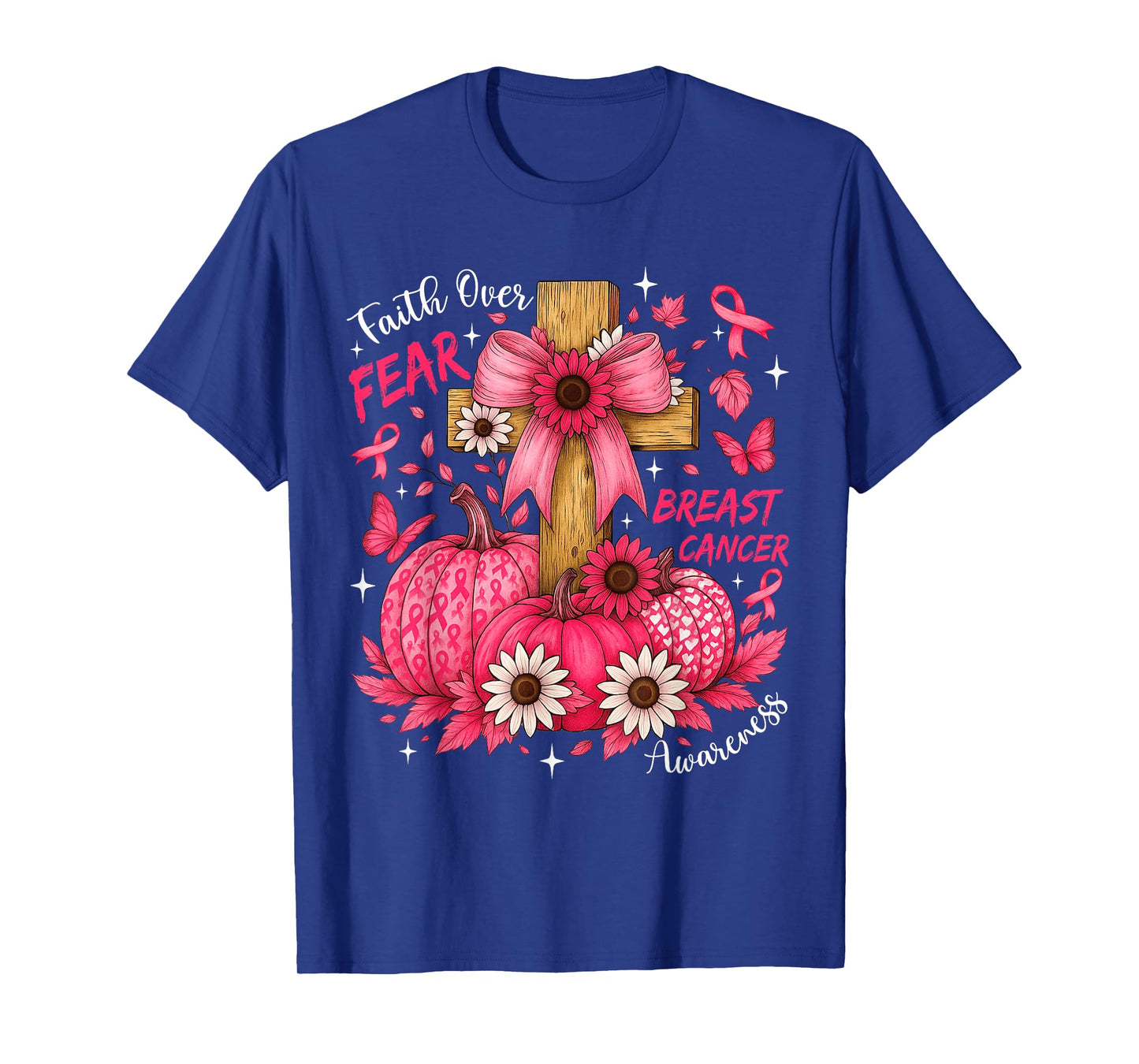 Faith Over Fear Pink Ribbon Pumpkin Breast Cancer Christian T-Shirt