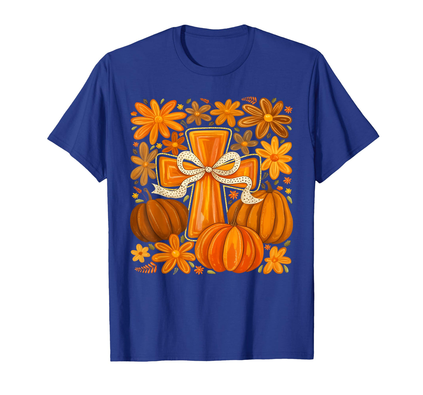 Boho Floral Pumpkin Cross Fall Jesus Christian Faith Autumn T-Shirt