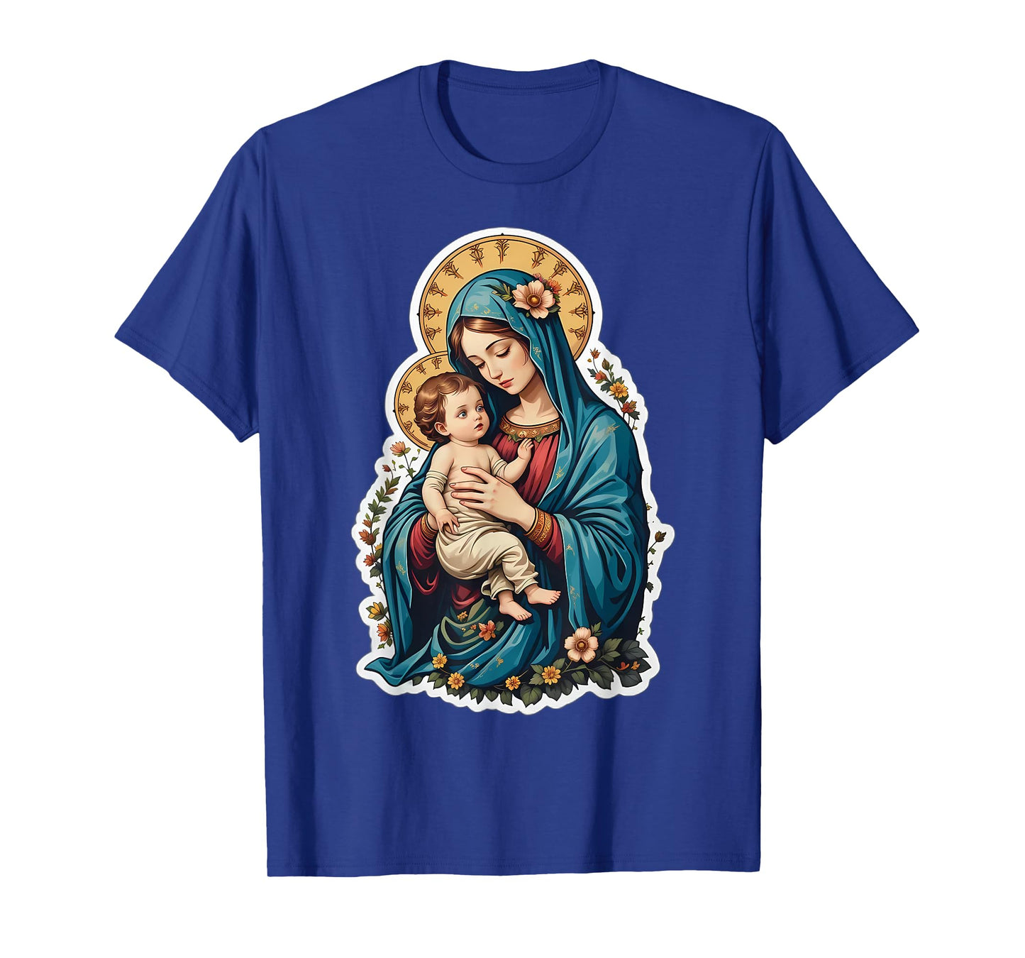 Floral Saint Mary with Baby Jesus Christ Santa Maria Panagia T-Shirt