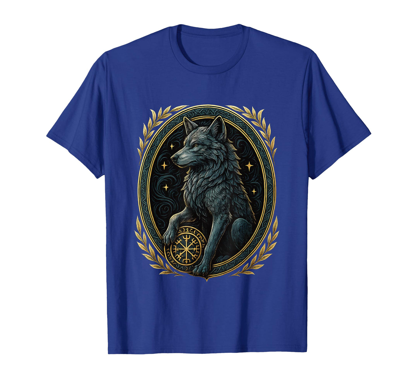 Norse Wolf with Helm of Awe Aegishjalmur Runes Viking Symbol T-Shirt