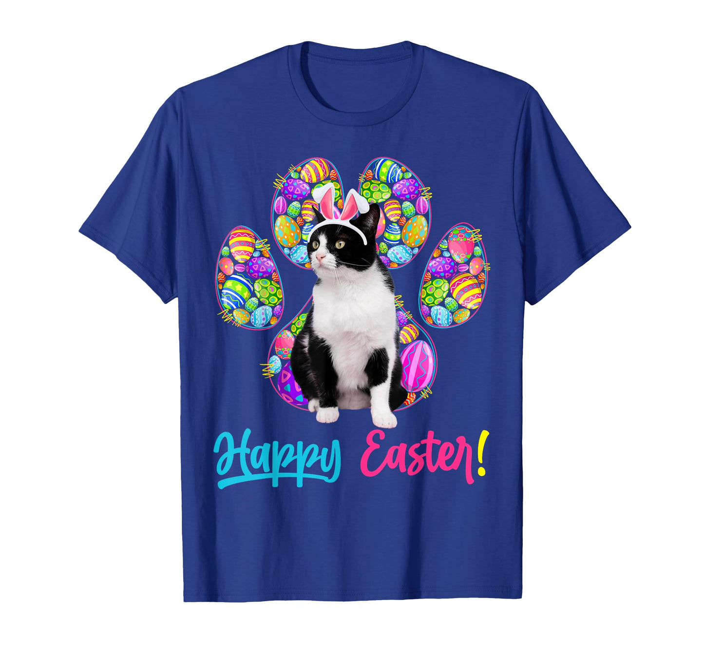 Cute Tuxedo Cat & Bunny Ears Easter Eggs Cat Paw Easter Day T-Shirt
