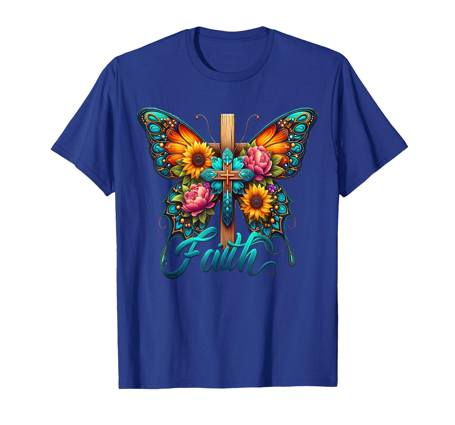 Faith Cross Sunflower Butterflies Flowers Christians Vintage T-Shirt