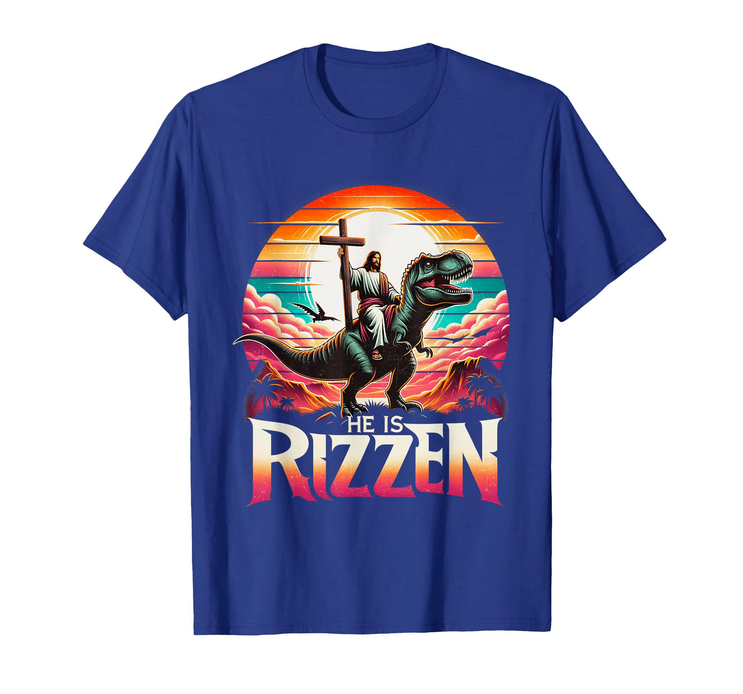 He Is Rizzen Jesus Has Rizzen Retro Christian Dinosaur T-Shirt