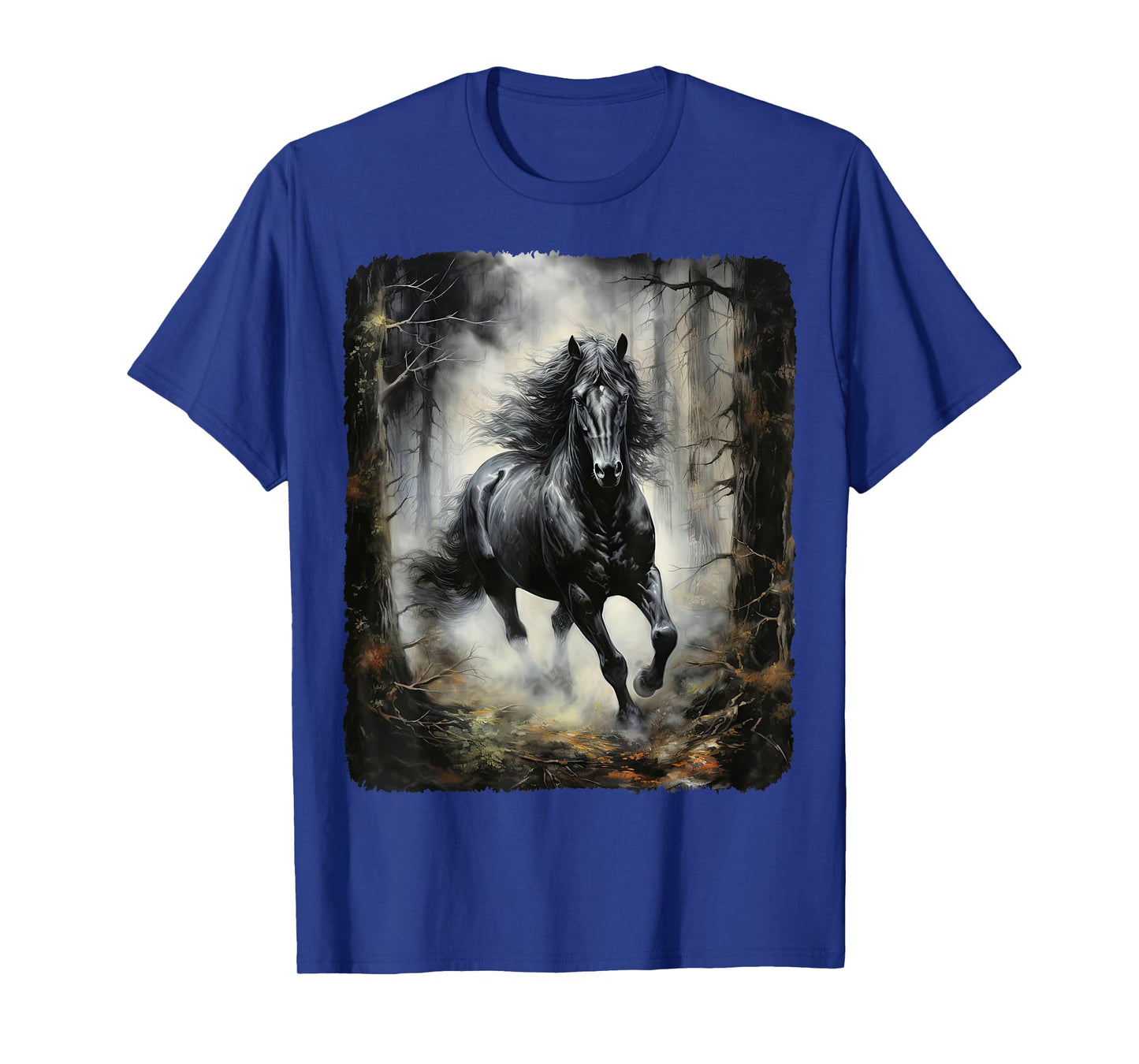 Beautiful black Horse running through the forest by night T-Shirt