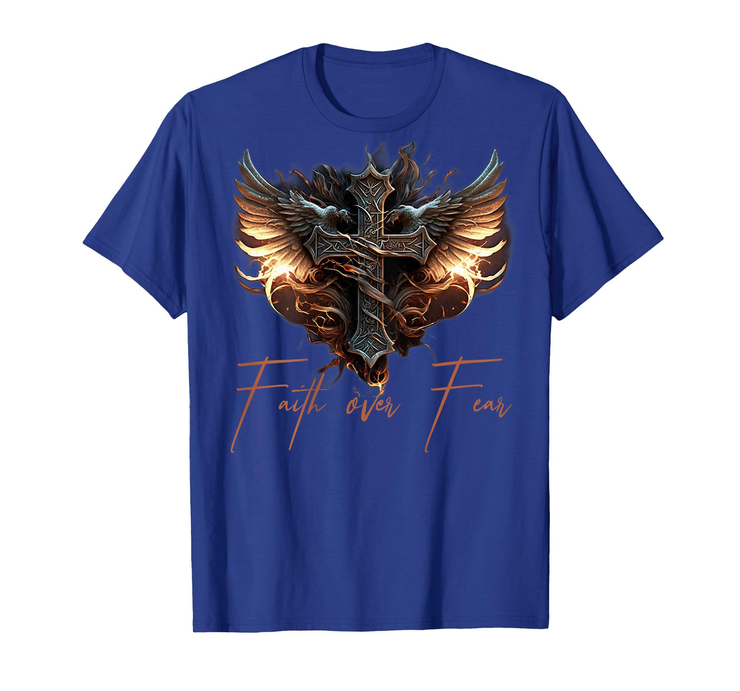 Biker Angel Wings Christian Cross Faith Over Fear - On Back T-Shirt