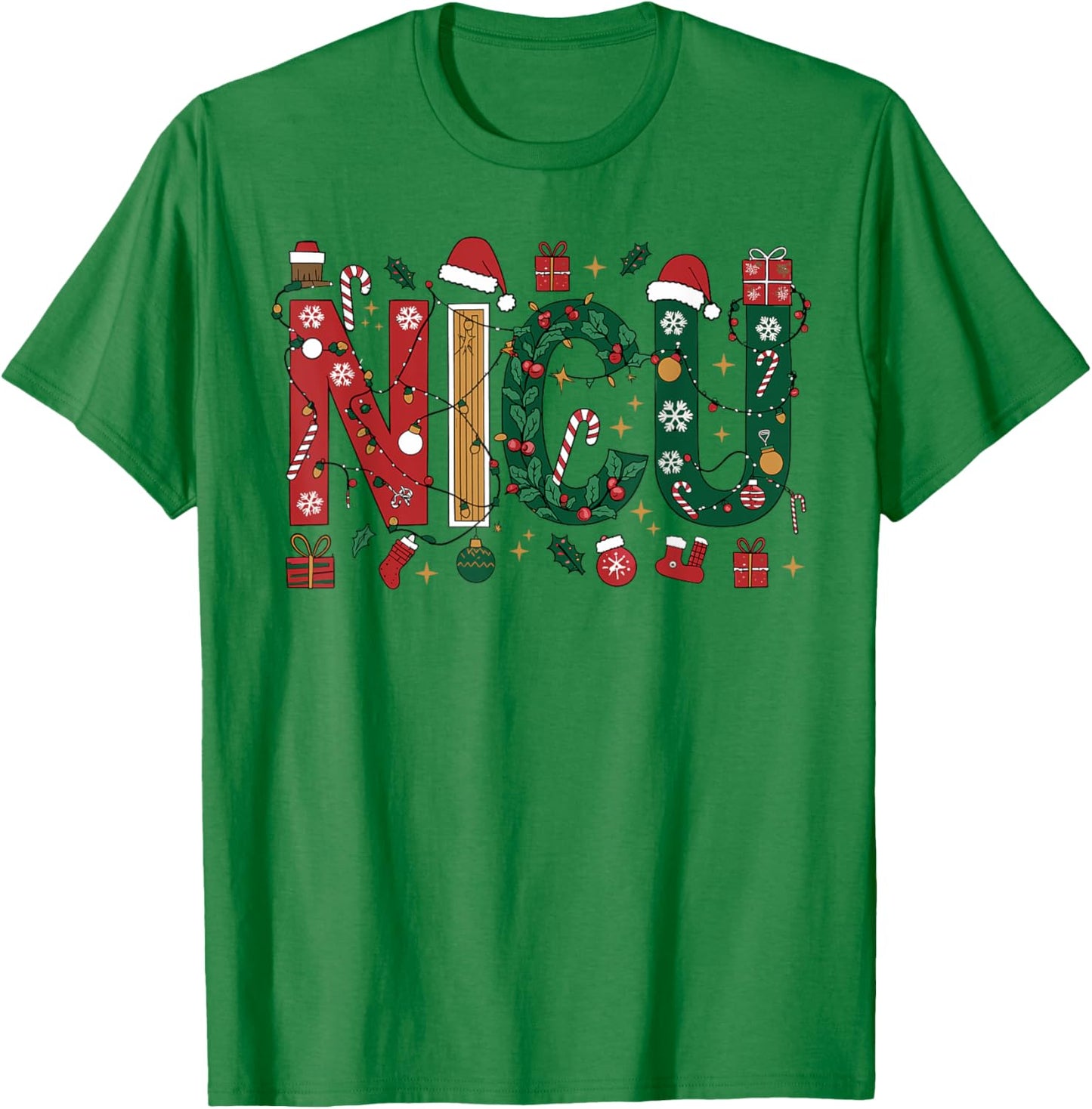 NICU Christmas Nurse Holiday Wreath Candy Cane Light Festive T-Shirt - T-Shirt | Irish Green