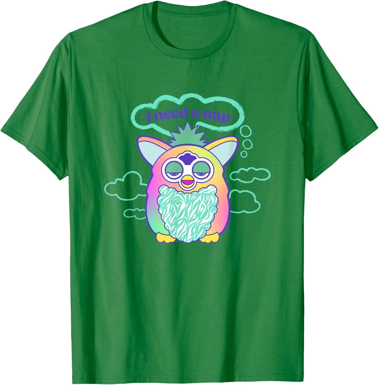 Furby I Need A Nap Sleepy Frog Furby Retro Big Chest Logo T-Shirt - T-Shirt | Irish Green
