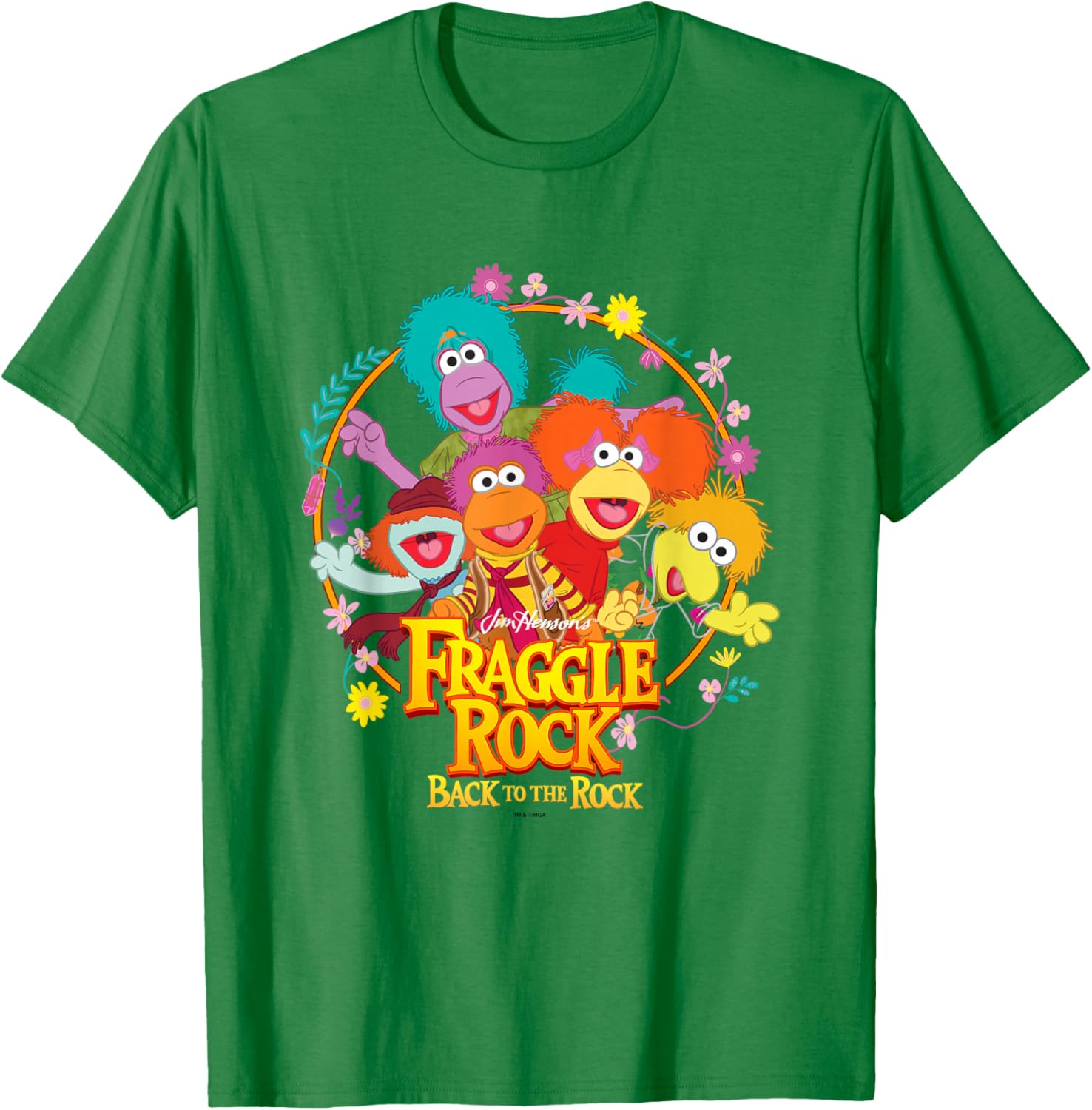 Fraggle Rock Back to The Rock Group Shot Floral Chest Frame T-Shirt - T-Shirt | Irish Green