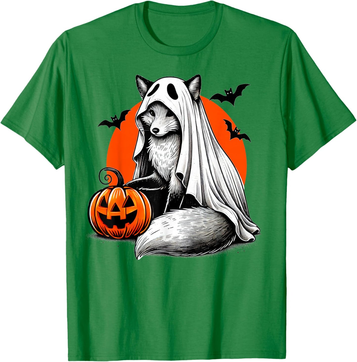Spooky Fox In Ghost Costume With Jackolantern Pumpkin Art T-Shirt - T-Shirt | Irish Green
