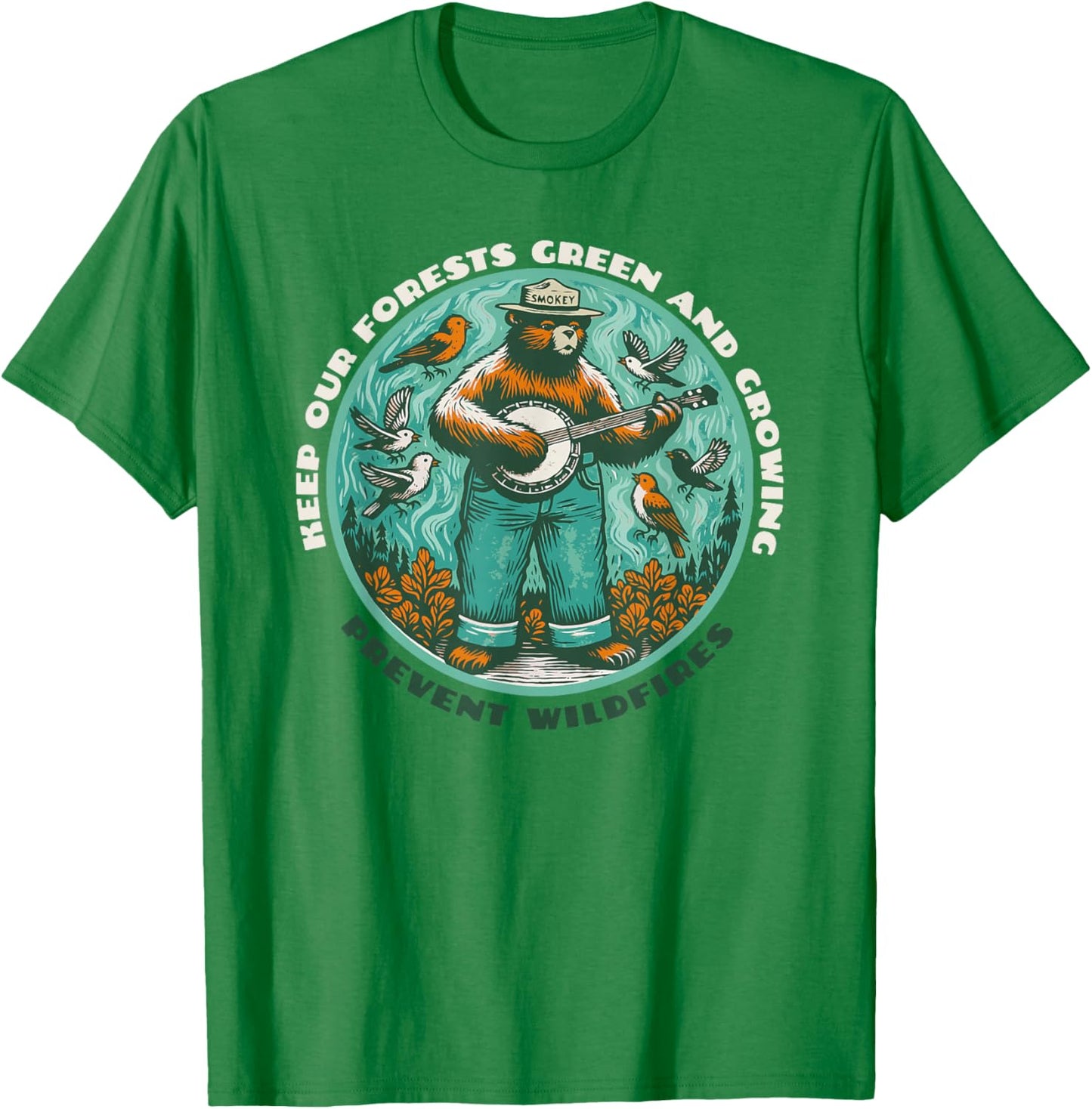 Prevent Wildfires Smokey Bear & Banjo Retro T-Shirt - T-Shirt | Irish Green