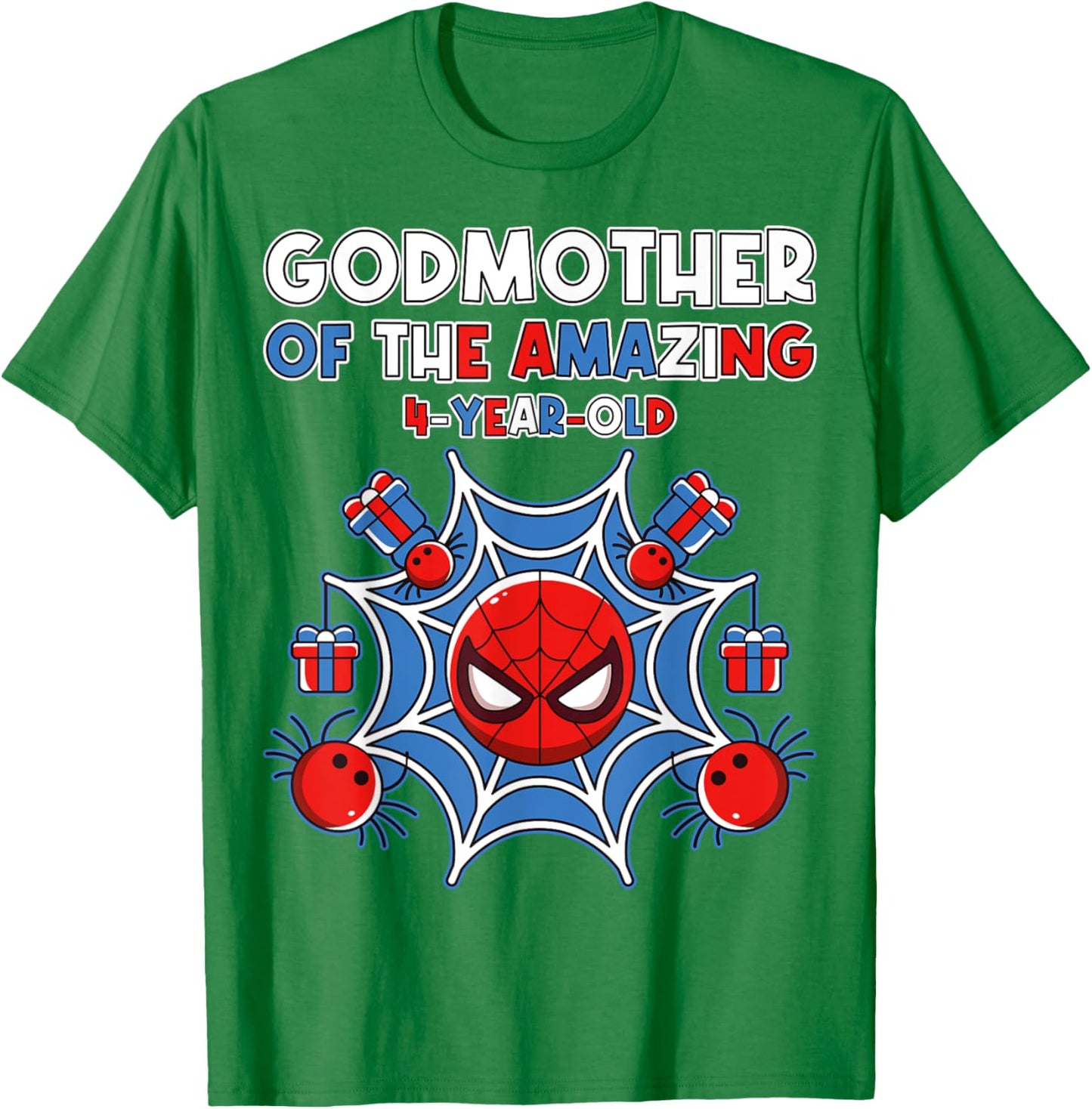 Godmother of Amazing 4-Year-Old Spider Theme Party Outfit T-Shirt - T-Shirt | Irish Green