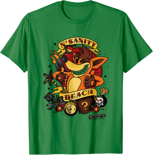 Crash Bandicoot N'Sanity Beach Vintage Tattoo Style T-Shirt - T-Shirt | Irish Green