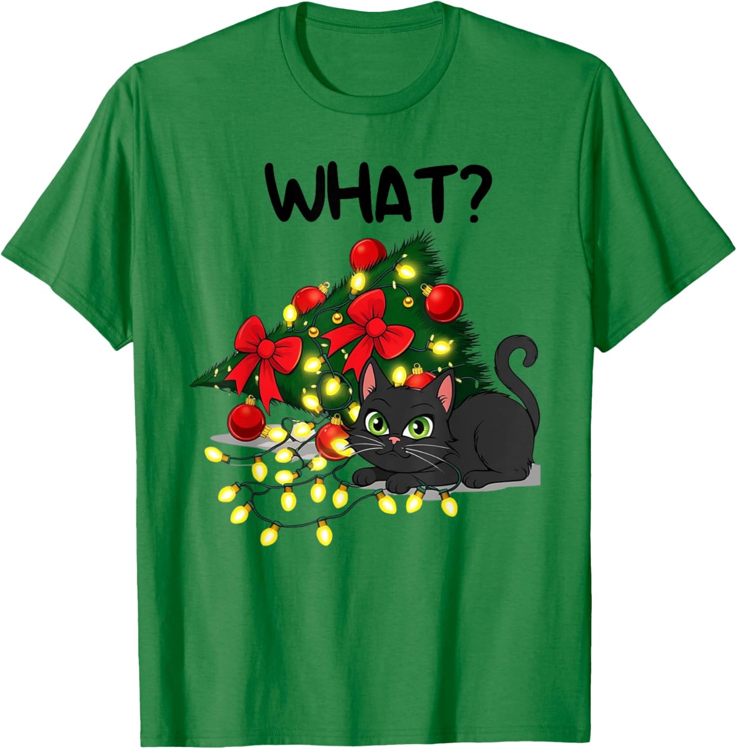 Funny Black Cat Pushing Christmas Tree Over Cat What? Xmas T-Shirt - T-Shirt | Irish Green