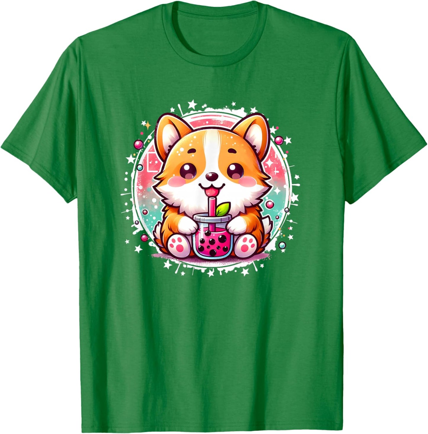 Cute Kawaii Stuff Corgi Dog Drinks Boba Bubble Tea Anime - Pink, Small, , Short Sleeve, Anime Themed Corgi Dog T-Shirt - T-Shirt | Irish Green