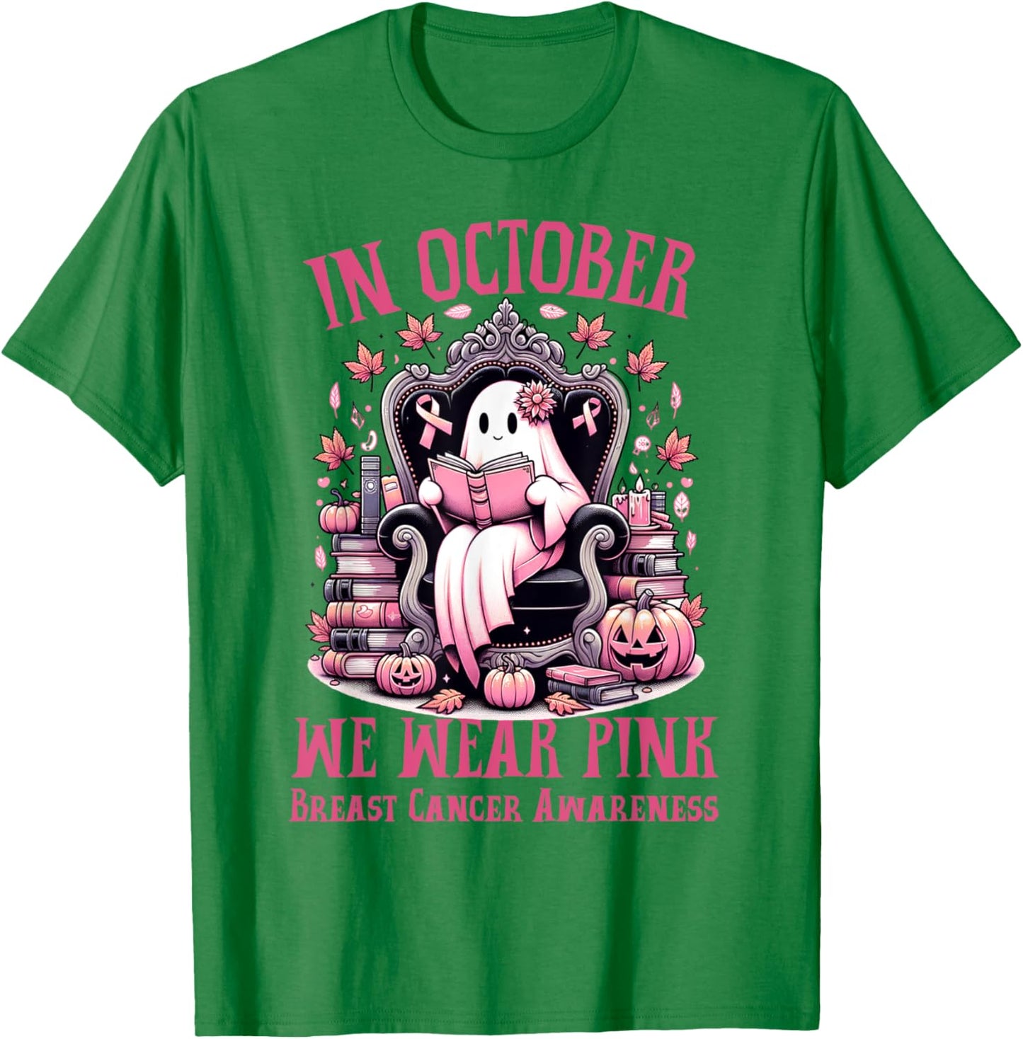 In October We Wear Pink Ghost Book Reading Breast Cancer T-Shirt - T-Shirt | Irish Green