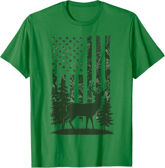 Deer Hunting Camo American Flag Nature Background USA Flag T-Shirt - T-Shirt | Irish Green