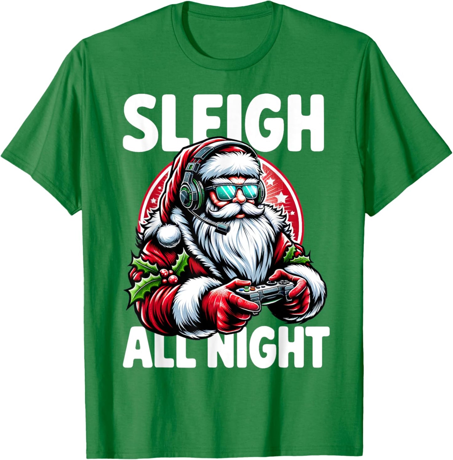 Christmas Gamer Boys Sleigh All Night Video Game Santa Xmas T-Shirt - T-Shirt | Irish Green