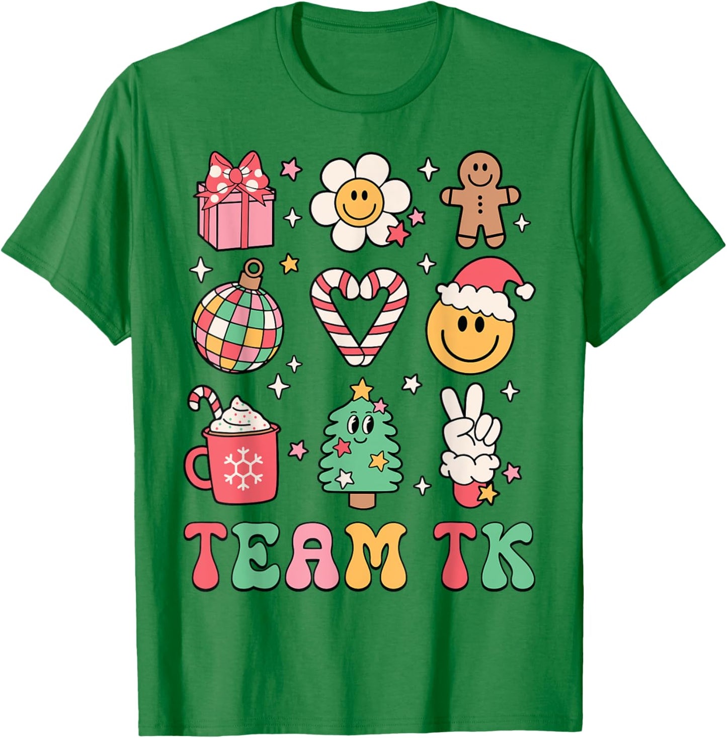 Team TK Teacher Christmas Groovy Smile Face Girl Boy Kid TK T-Shirt - T-Shirt | Irish Green