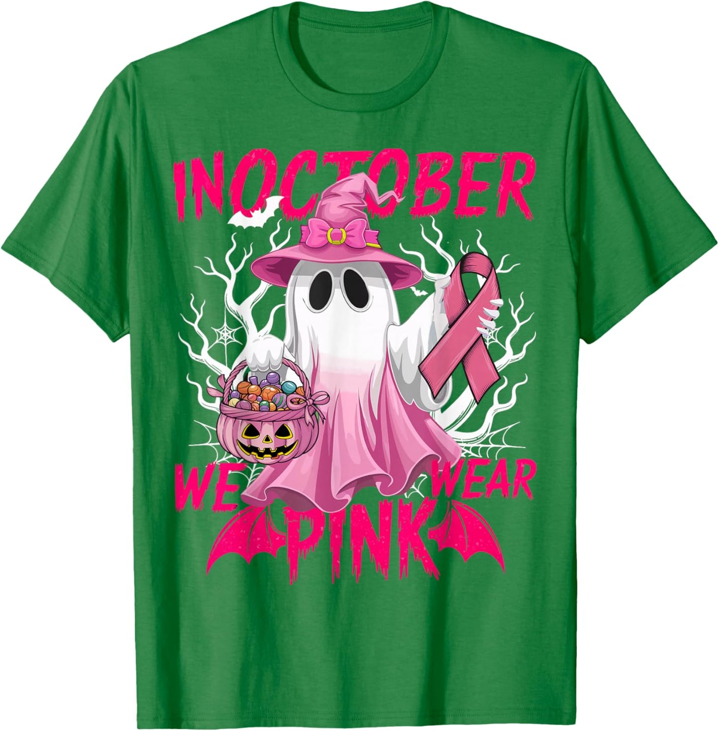 In October We Wear Pink Shirt Breast Cancer Awareness Ghost T-Shirt - T-Shirt | Irish Green