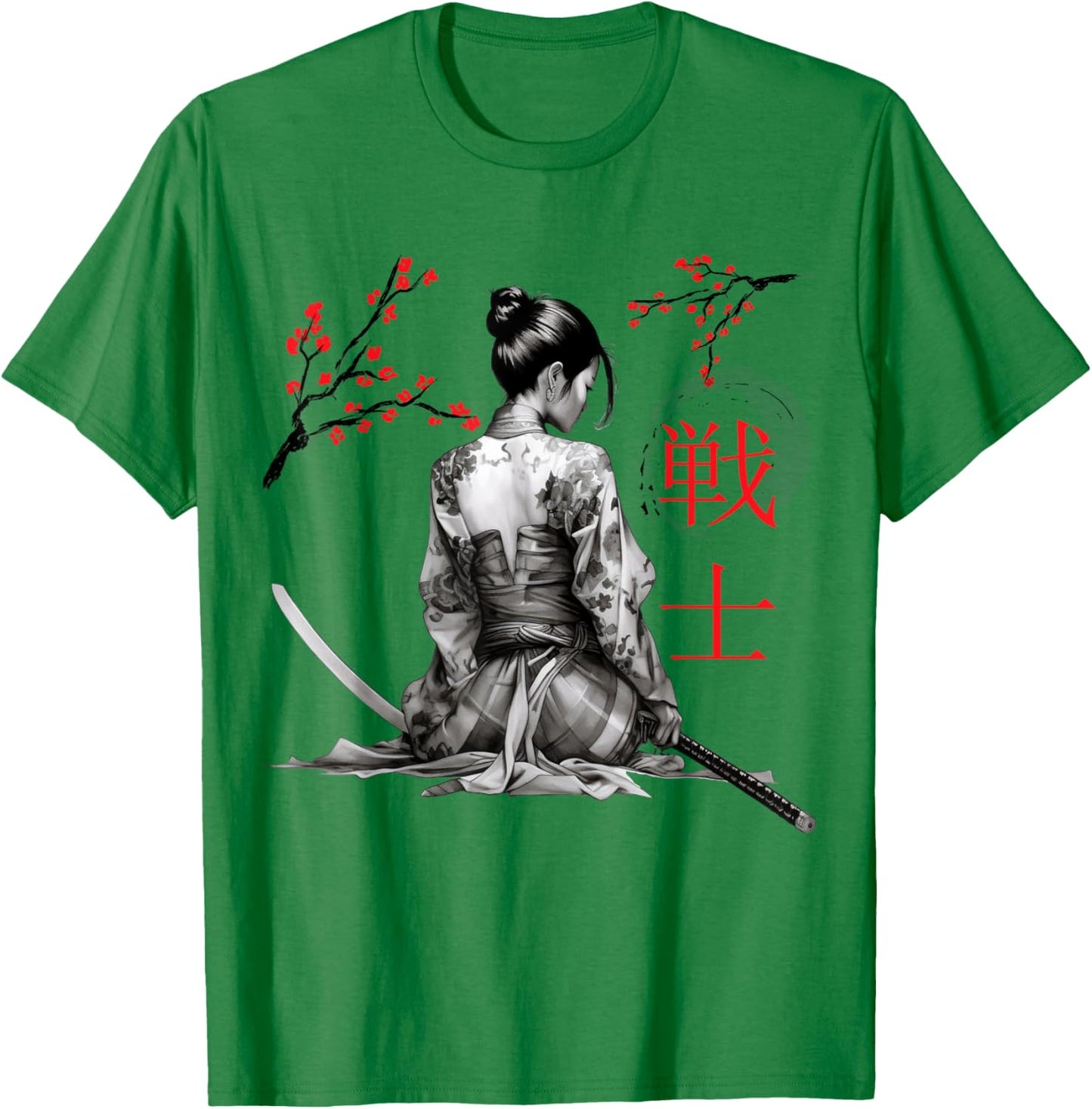 Japanese Samurai Girl Cherry Blossom Woodblock Art Style T-Shirt - T-Shirt | Irish Green
