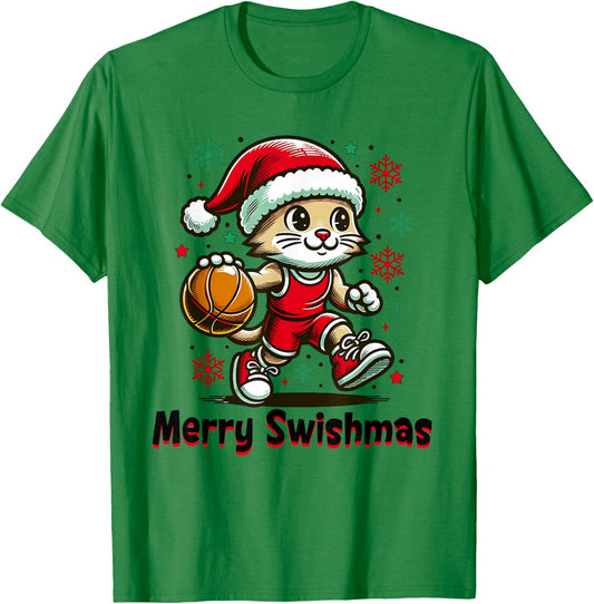 Christmas Basketball Merry Swishmas Funny Cat and Sports T-Shirt - T-Shirt | Irish Green