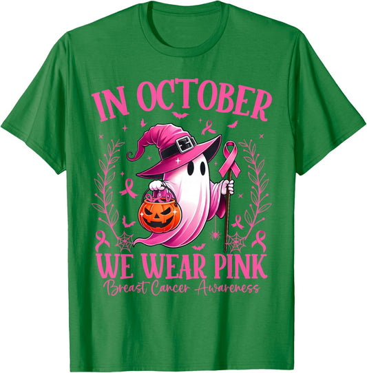 In October We Wear Pink Breast Cancer Awareness Halloween T-Shirt - T-Shirt | Irish Green