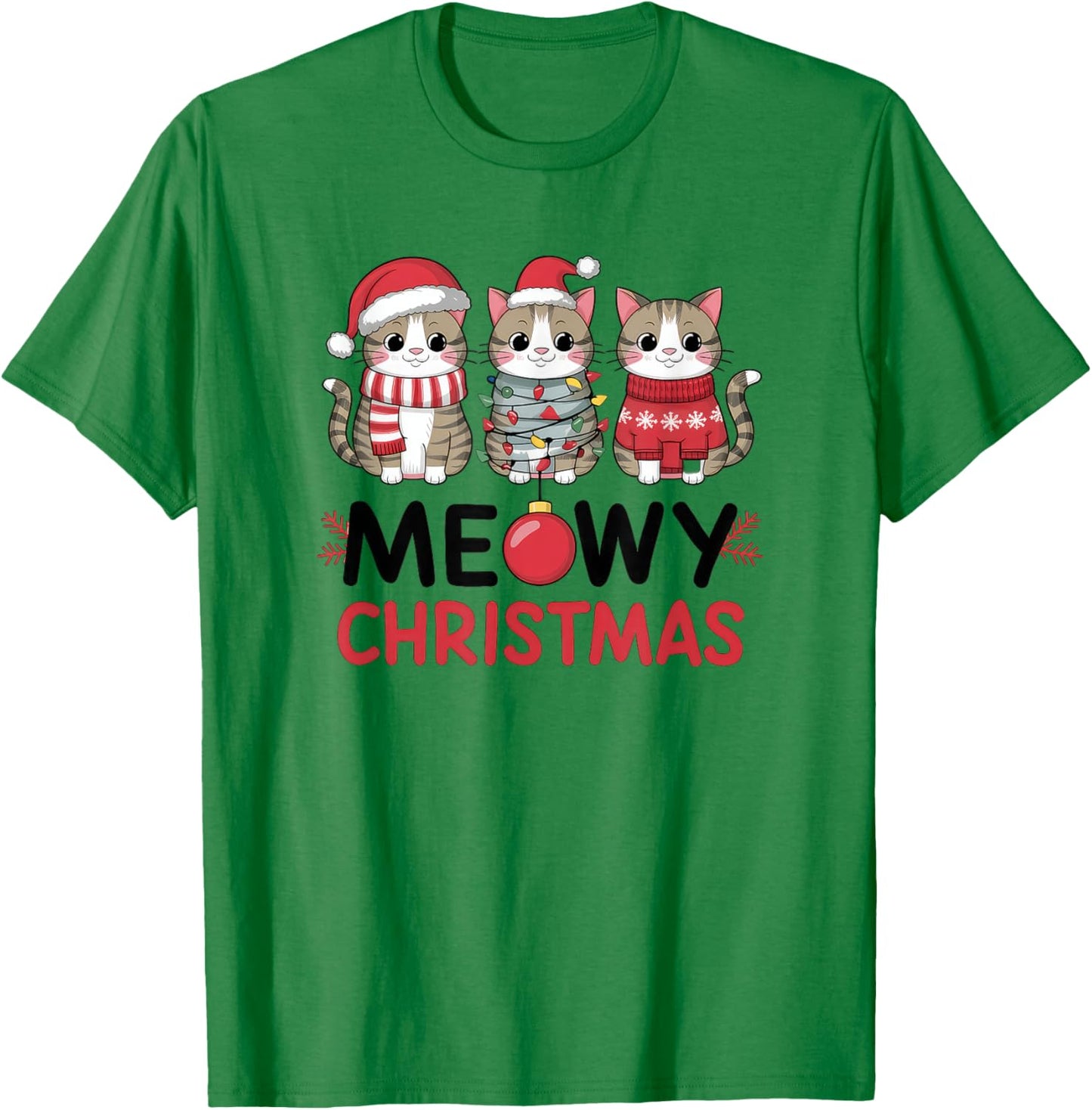Meowy Christmas Cute Cat Merry Xmas Holiday Graphic Men Women Kids T-Shirt - T-Shirt | Irish Green