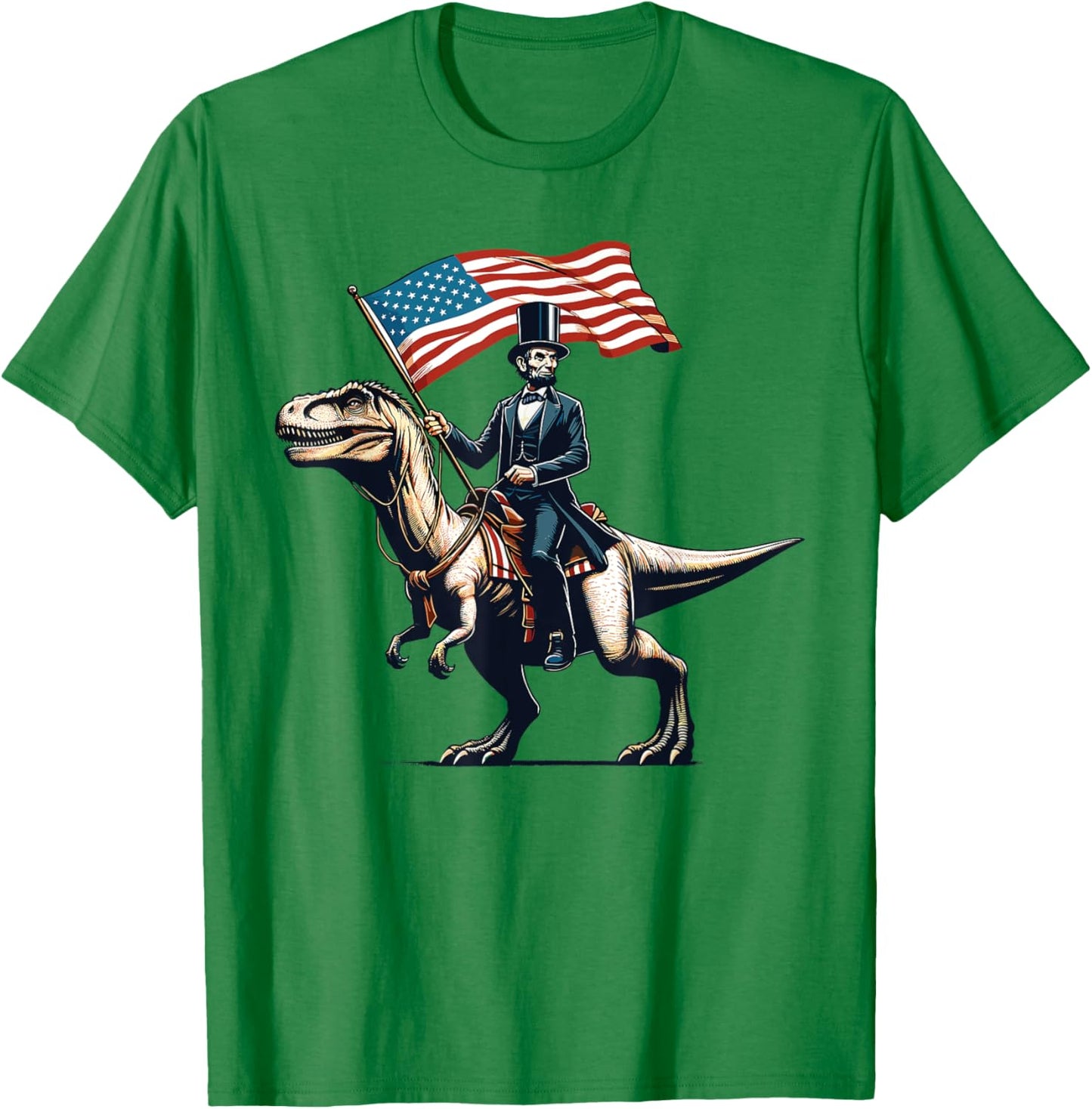 Abe Lincoln Riding T-Rex Dinosaur 4th Of July USA Flag Funny T-Shirt - T-Shirt | Irish Green