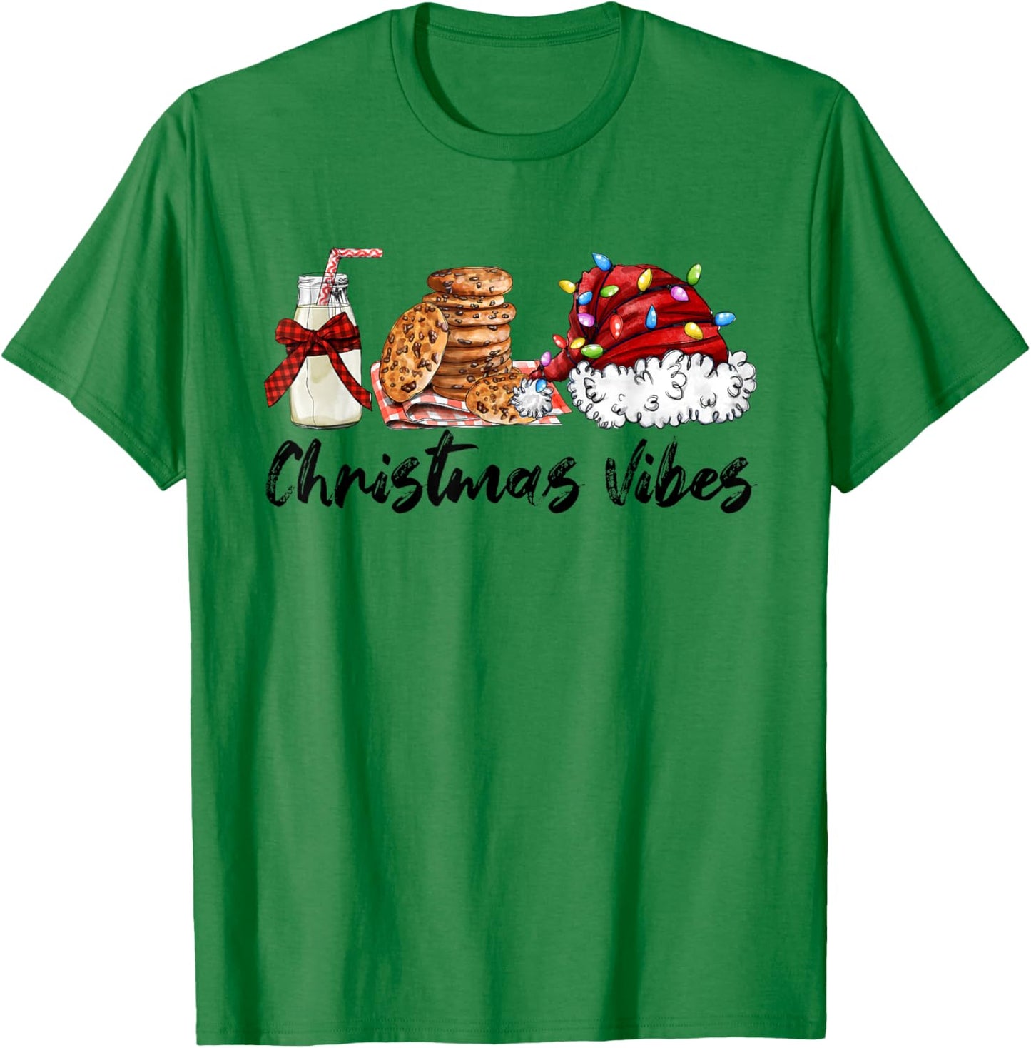 Christmas Vibes Santa Milk and Cookies Xmas Lights T-Shirt - T-Shirt | Irish Green