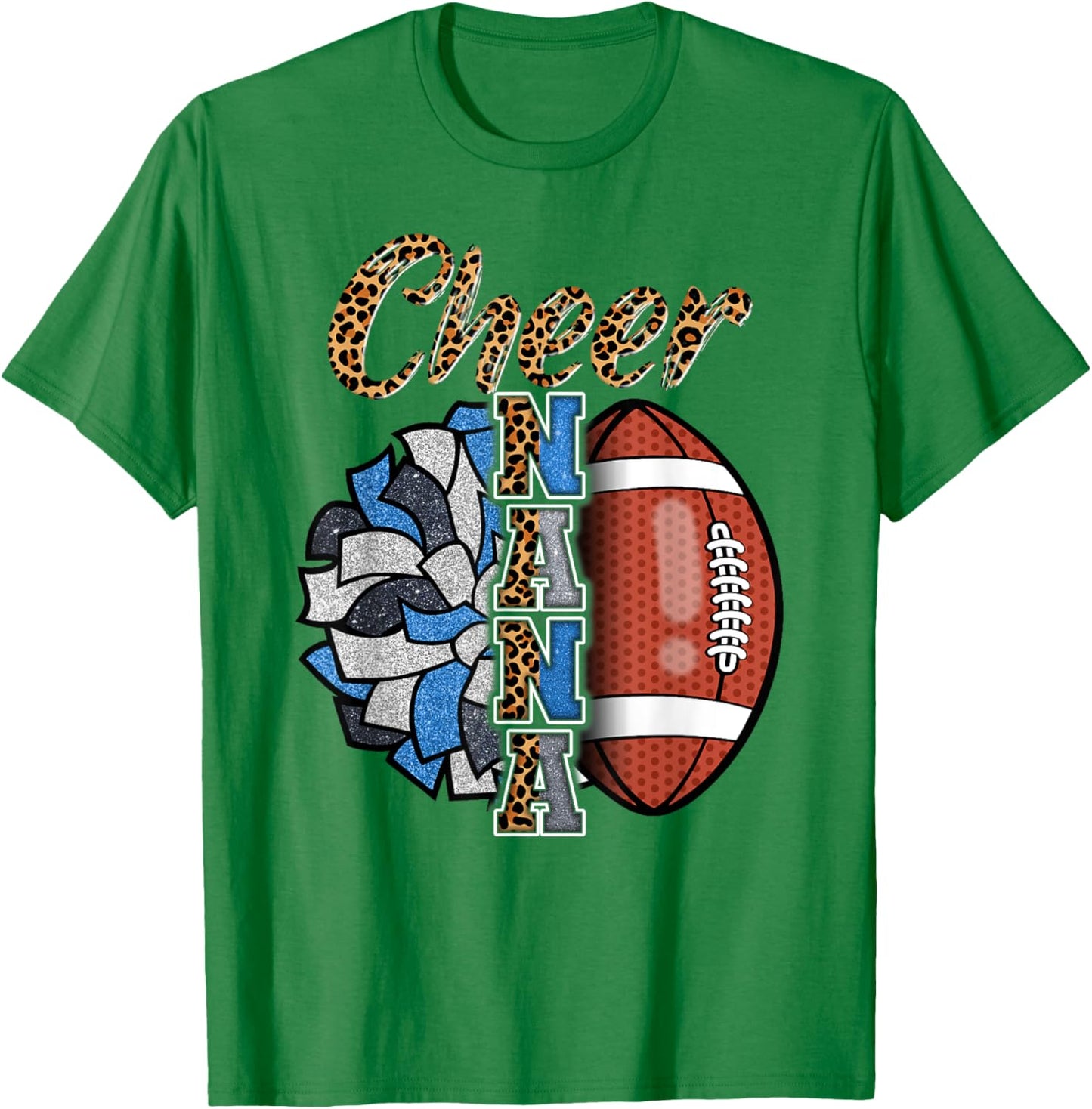Football Cheer Nana Grandma Blue White Pom Pom Leopard T-Shirt - T-Shirt | Irish Green