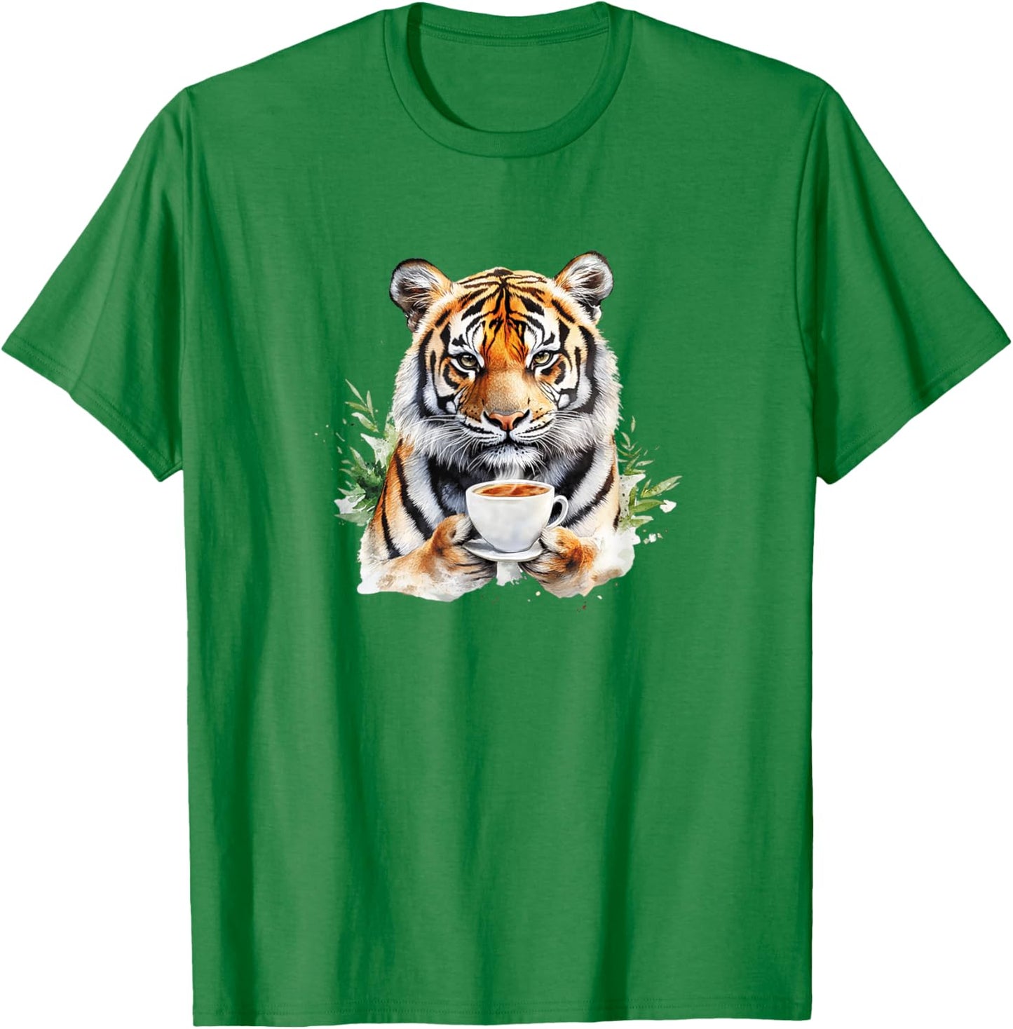 Animals Drinking Coffee - A Cute Tiger Holding A Coffee T-Shirt - T-Shirt | Irish Green