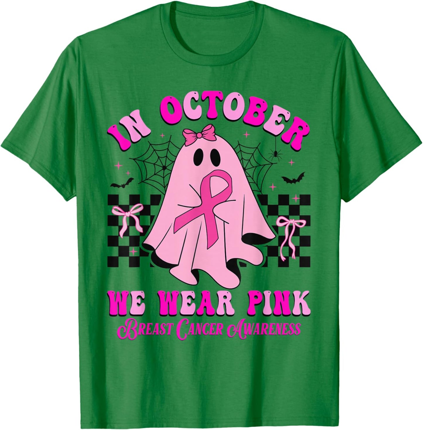 In October We Wear Pink Ghost Halloween Breast Cancer Ribbon T-Shirt - T-Shirt | Irish Green
