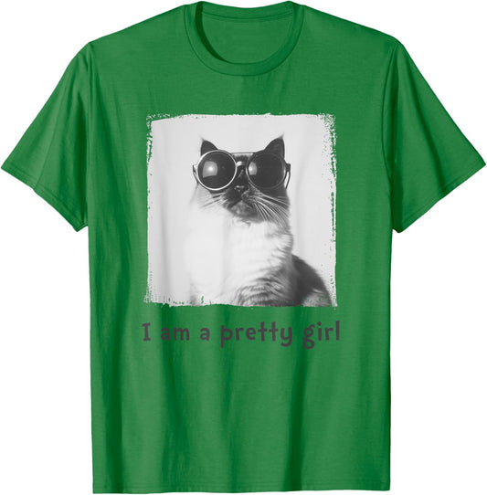 I Am A Pretty Girl Cool Stylish Cat with Sunglasses T-Shirt - T-Shirt | Irish Green