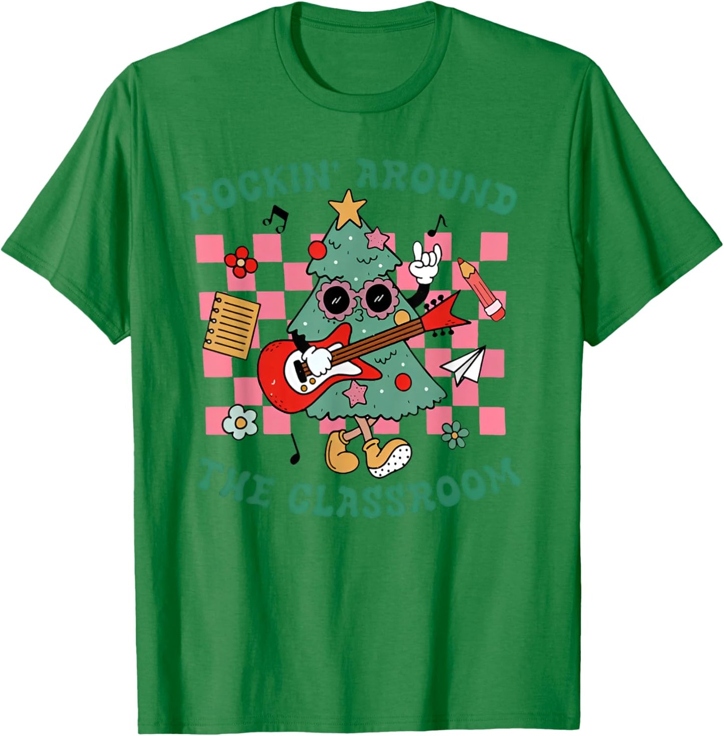 Retro Groovy Teacher Christmas Rockin' Around The Classroom T-Shirt - T-Shirt | Irish Green