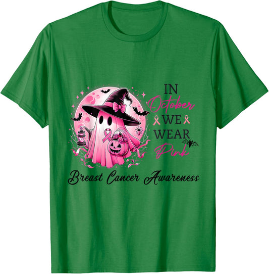 In October We Wear Pink Cute Ghost Breast Cancer Awareness T-Shirt - T-Shirt | Irish Green