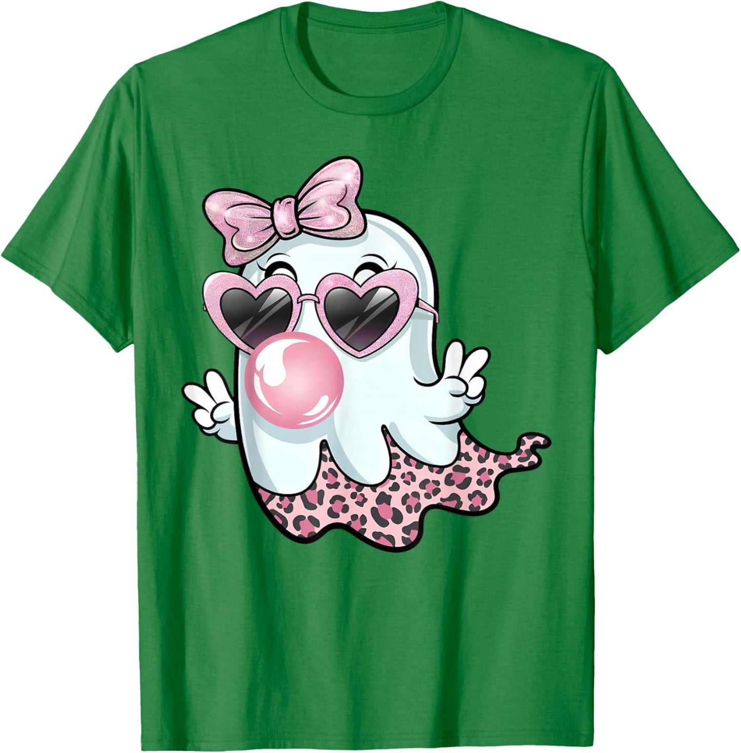 Cute Girly Leopard Ghost Blowing Bubble Gum Halloween Kids T-Shirt - T-Shirt | Irish Green