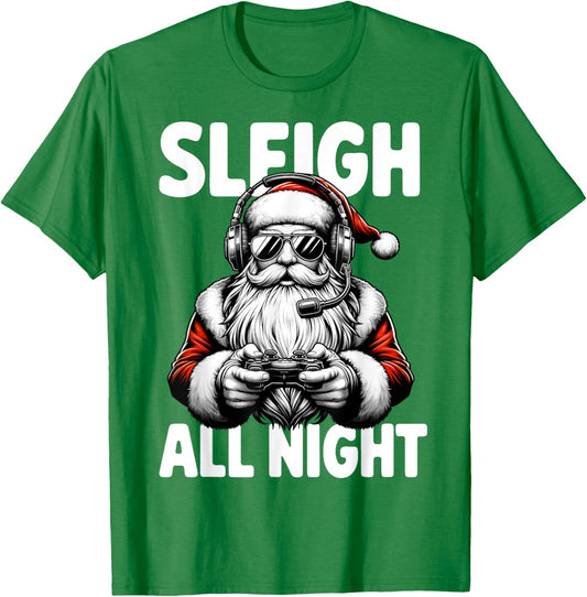Christmas Gamer Boys Sleigh All Night Video Game Santa Xmas T-Shirt - T-Shirt | Irish Green