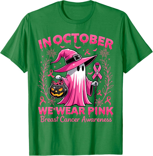 In October We Wear Pink Breast Cancer Awareness Halloween T-Shirt - T-Shirt | Irish Green