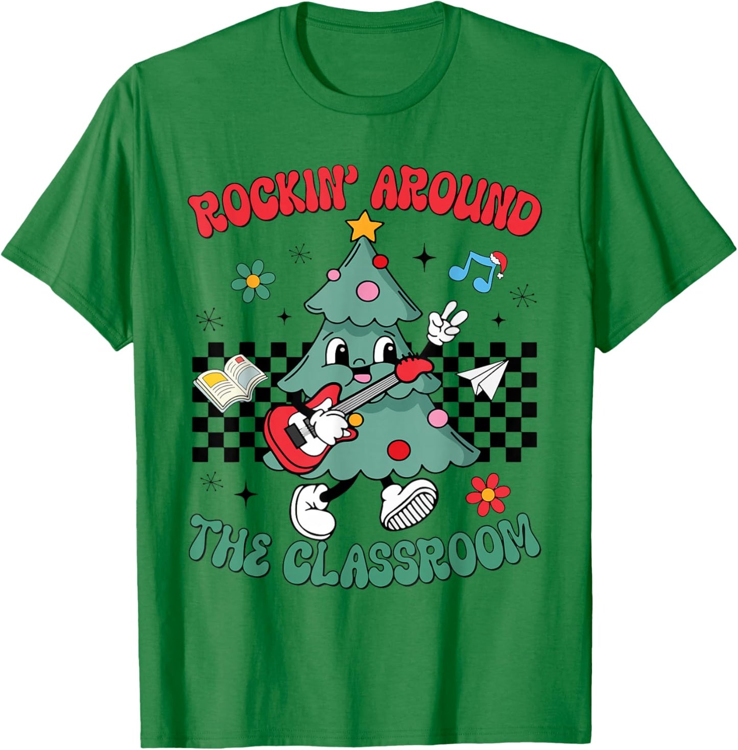 Retro Teacher Christmas Tree Rockin Around The Classroom T-Shirt - T-Shirt | Irish Green