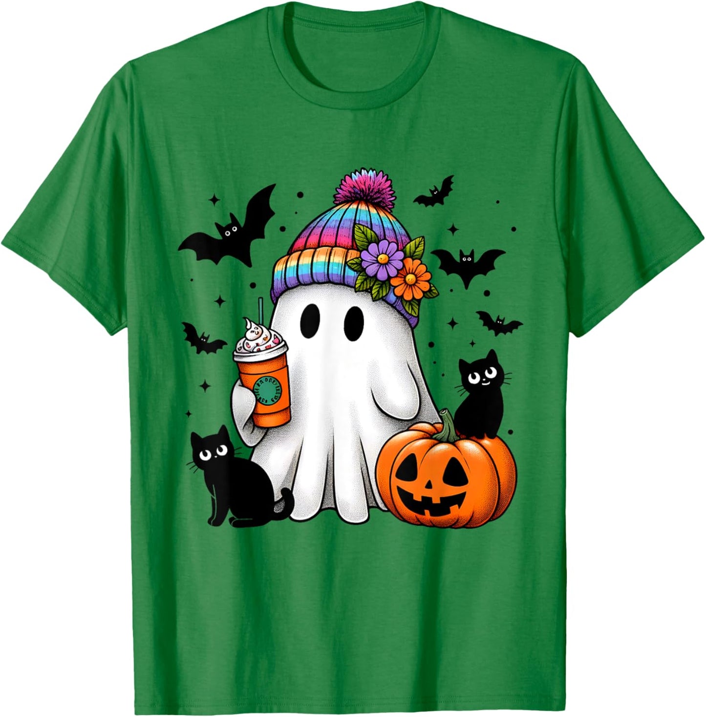 Cute Ghost Drinking Coffee Black Cat Ghost Pumpkin Halloween Men Women Kids T-Shirt - T-Shirt | Irish Green
