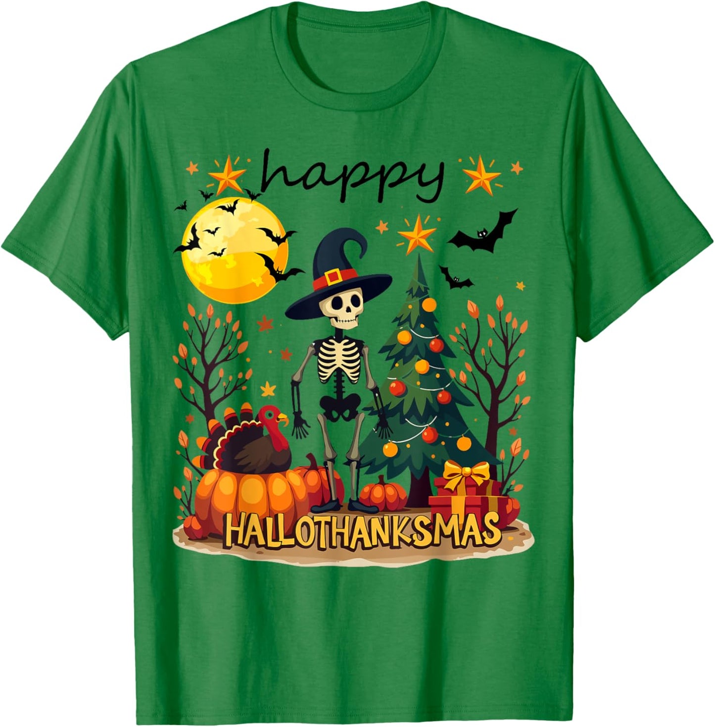 Happy Hallothanksmas Funny Halloween Christmas T-Shirt - T-Shirt | Irish Green