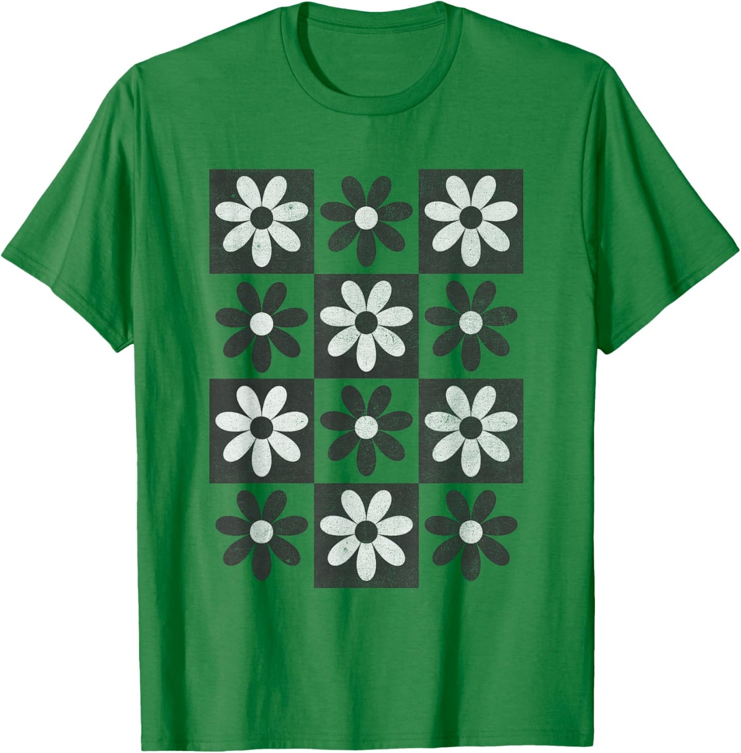 Retro Checkerboard Checkered Boho Flowers Floral T-Shirt - T-Shirt | Irish Green