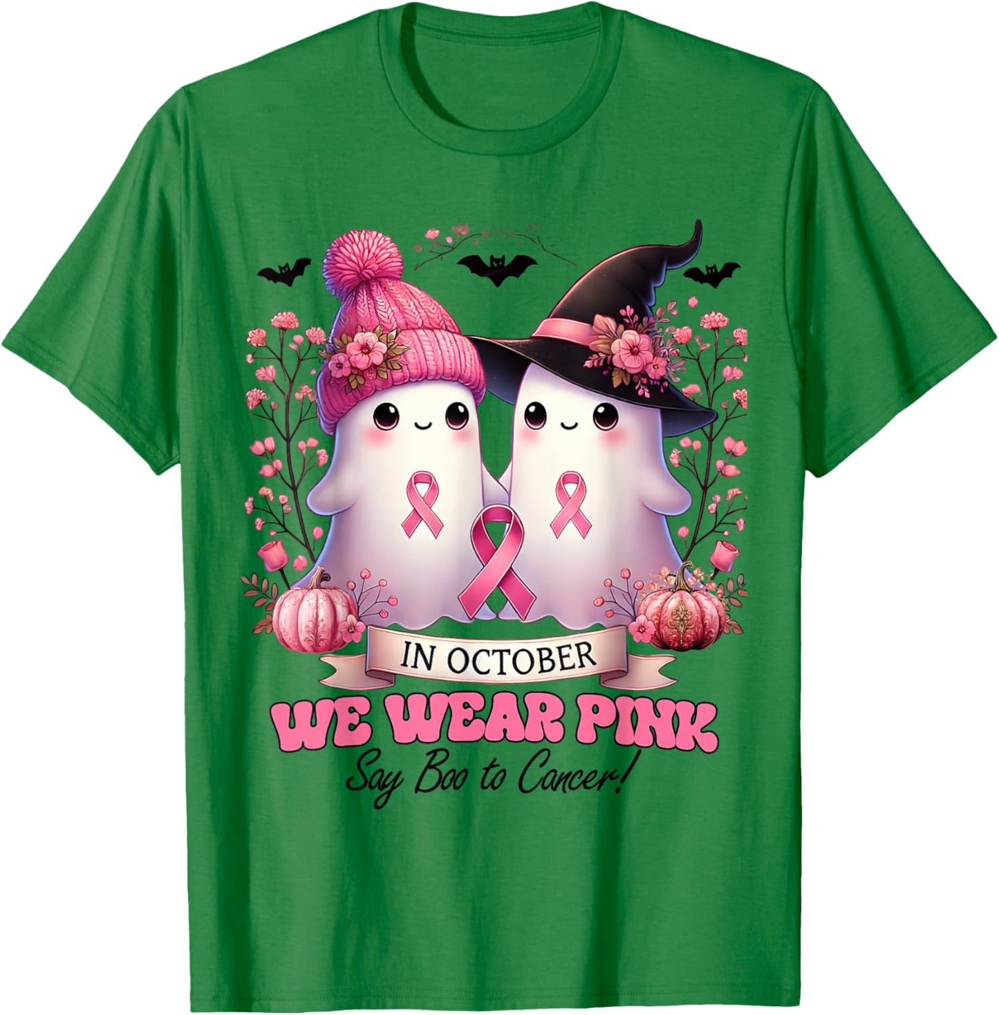 In October We Wear Pink Witch Ghost Pumpkin Breast Cancer T-Shirt - T-Shirt | Irish Green