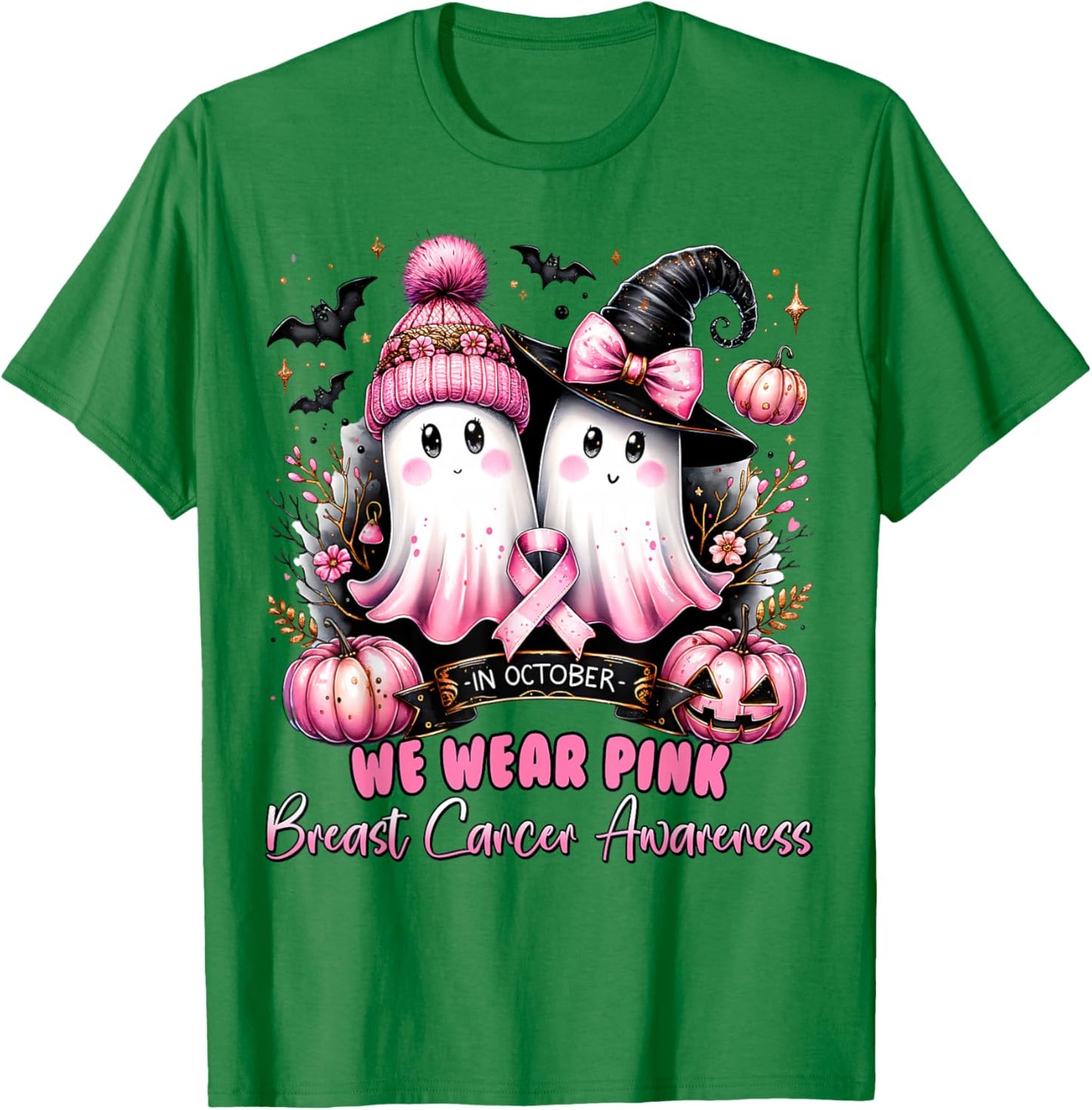 In October We Wear Pink Ghost Witch Breast Cancer Awareness T-Shirt - T-Shirt | Irish Green