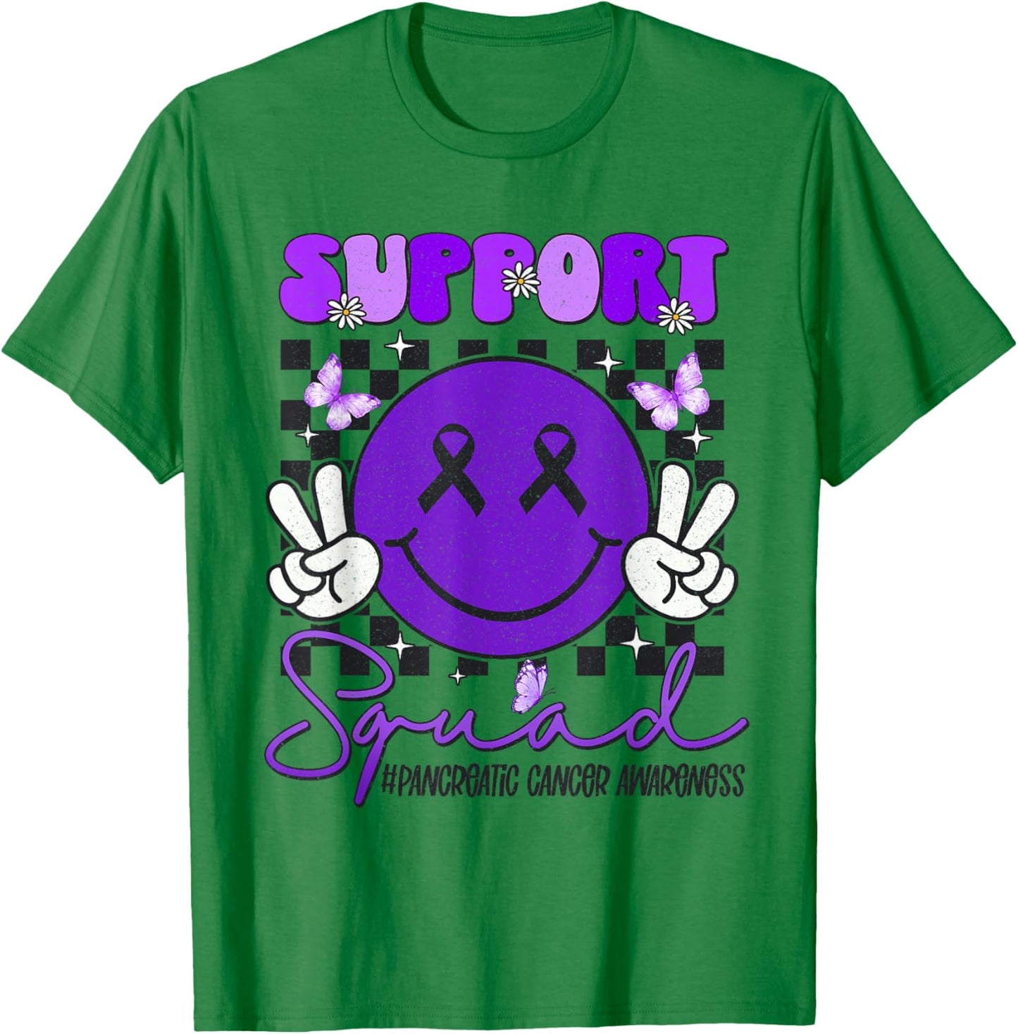 Support Pancreatic Cancer Awareness Smile Face Purple Ribbon T-Shirt - T-Shirt | Irish Green
