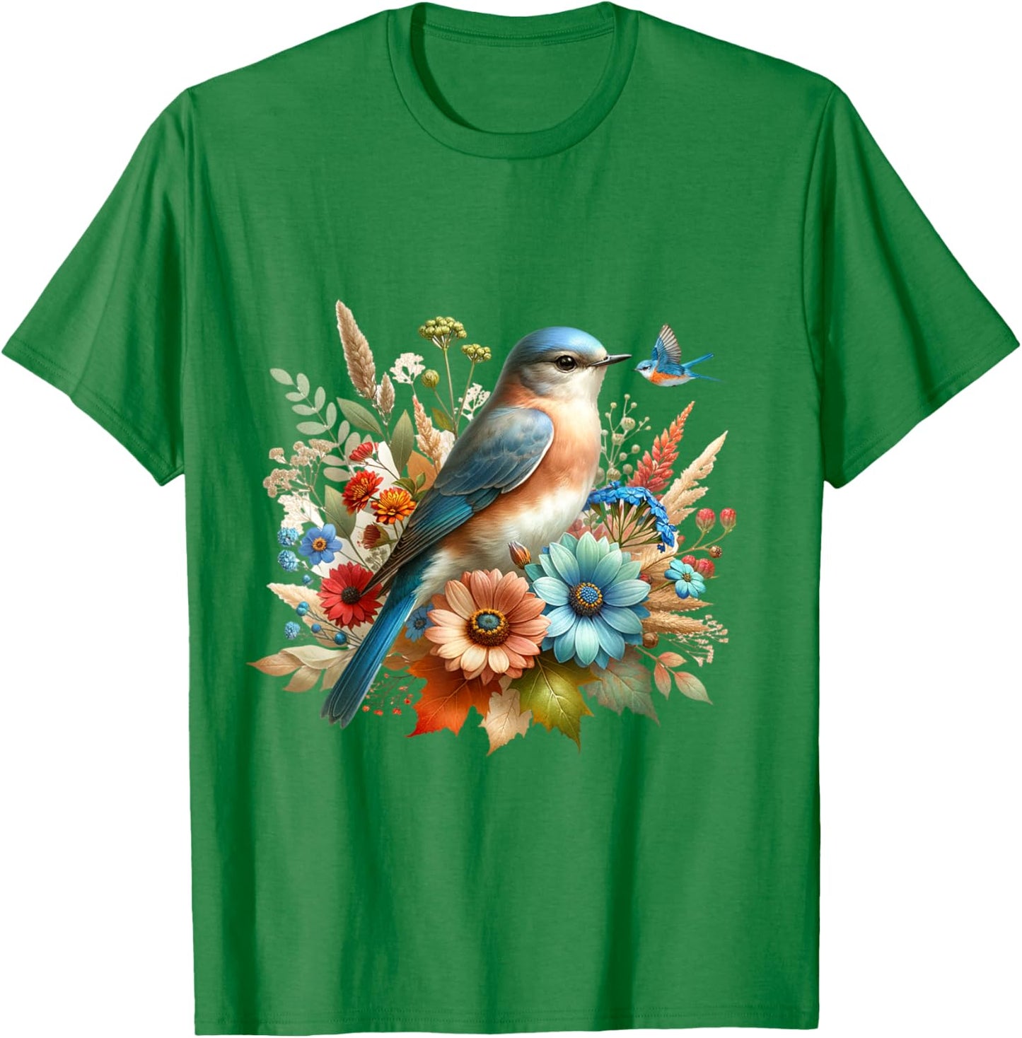 Eastern Bluebird Vintage Floral Autumn Bird T-Shirt - T-Shirt | Irish Green