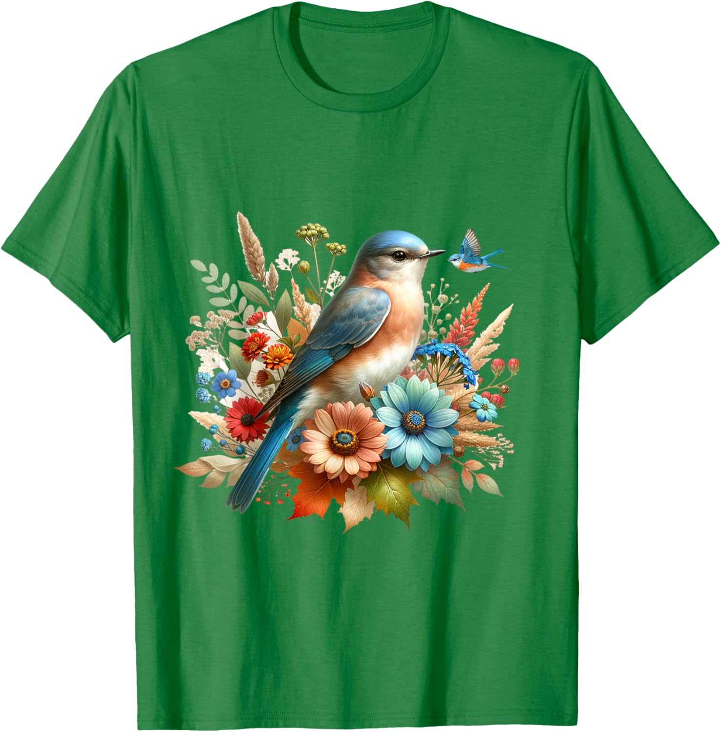 Eastern Bluebird Vintage Floral Autumn Bird T-Shirt - T-Shirt | Irish Green