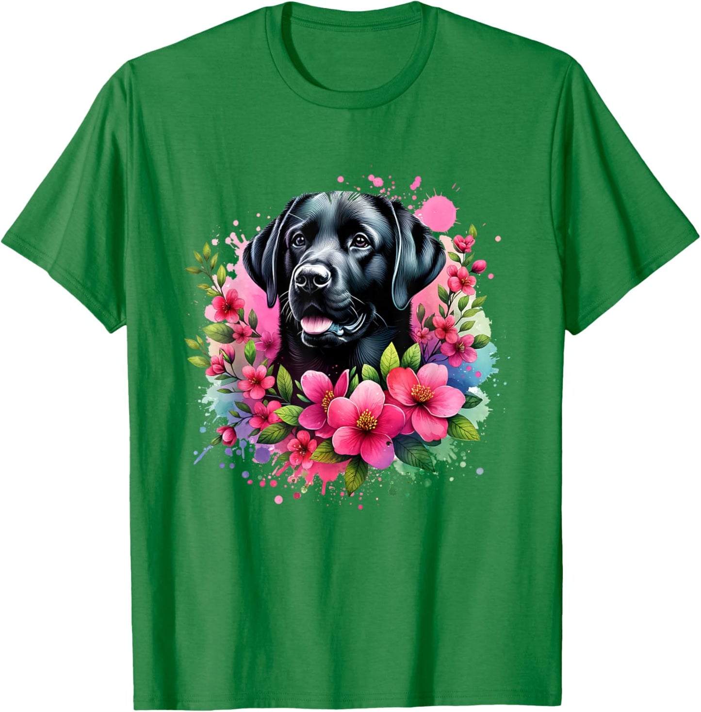 Watercolor Cute Black Labrador Dog Mom Pink Flowers Women Kids T-Shirt - T-Shirt | Irish Green